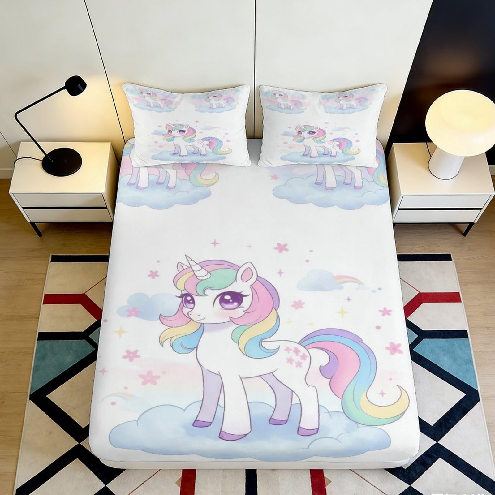 Uxinyoume Style-5 3D Printed Unicorn Rainbow Fitted Sheet Microfiber Soft Anti-Slip Bed Sheet Pastel Clouds Mattress Cover For Bedroom Decor 90X200x25cm