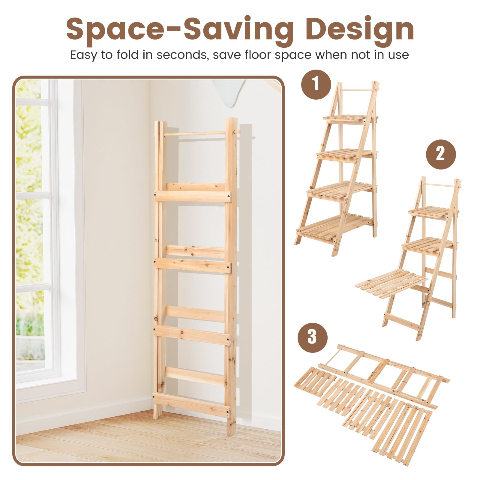 HOMASIS Porte-plantes d'intérieur à 4 étagères, étagère présentoir à escalier en bois d'épicéa, support pour plantes pliable et multifonctionnel pour salon, entrée, 38 x 52 x 109 cm, naturel
