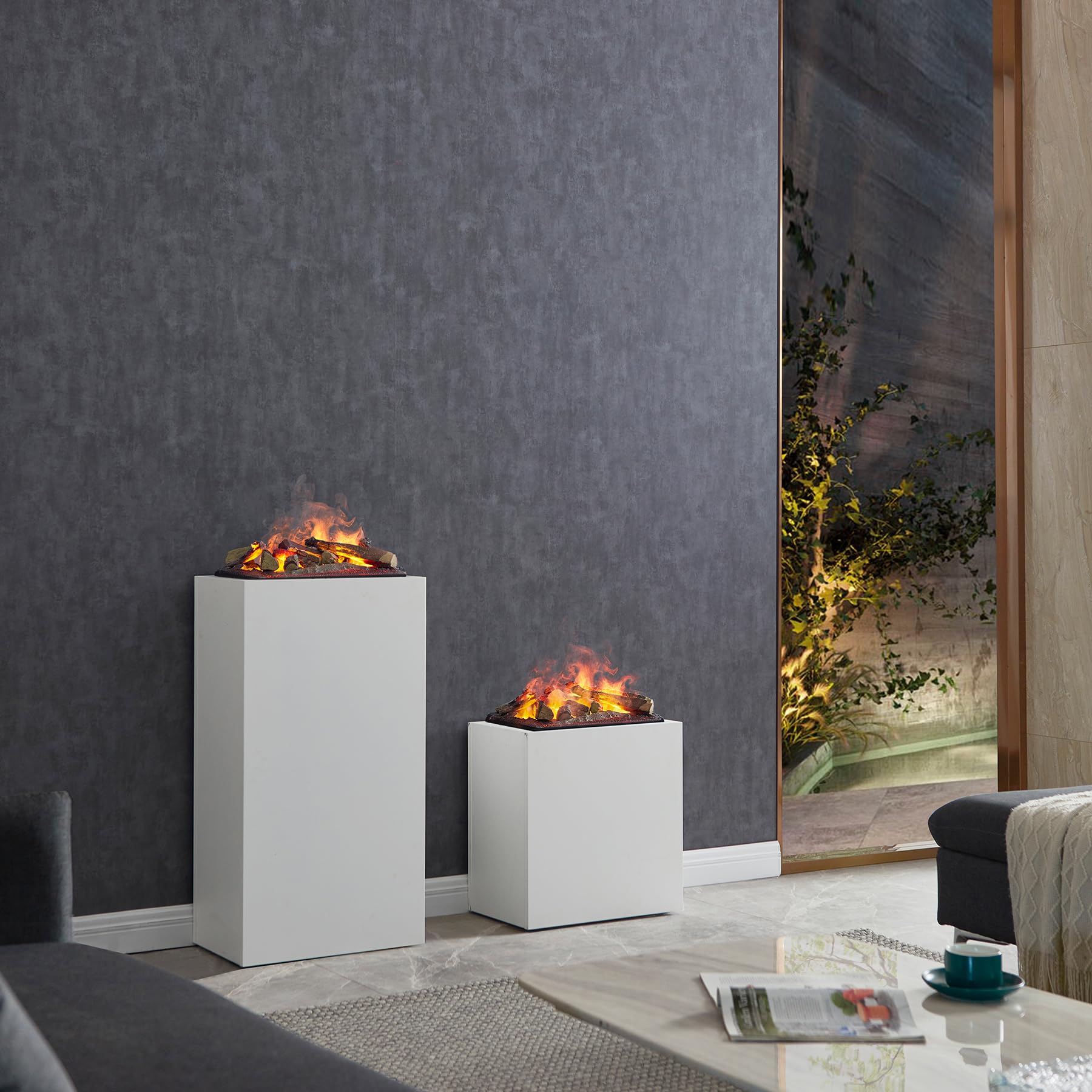 BALDERIA camino elettrico Ikaros | Caminetto da terra con effetto fiamma LED Optimyst | Acqua nebulizzata, crepitio, ceppi, vista fiamma a 360° | Focolare a pavimento con telecomando | Bianco, basso