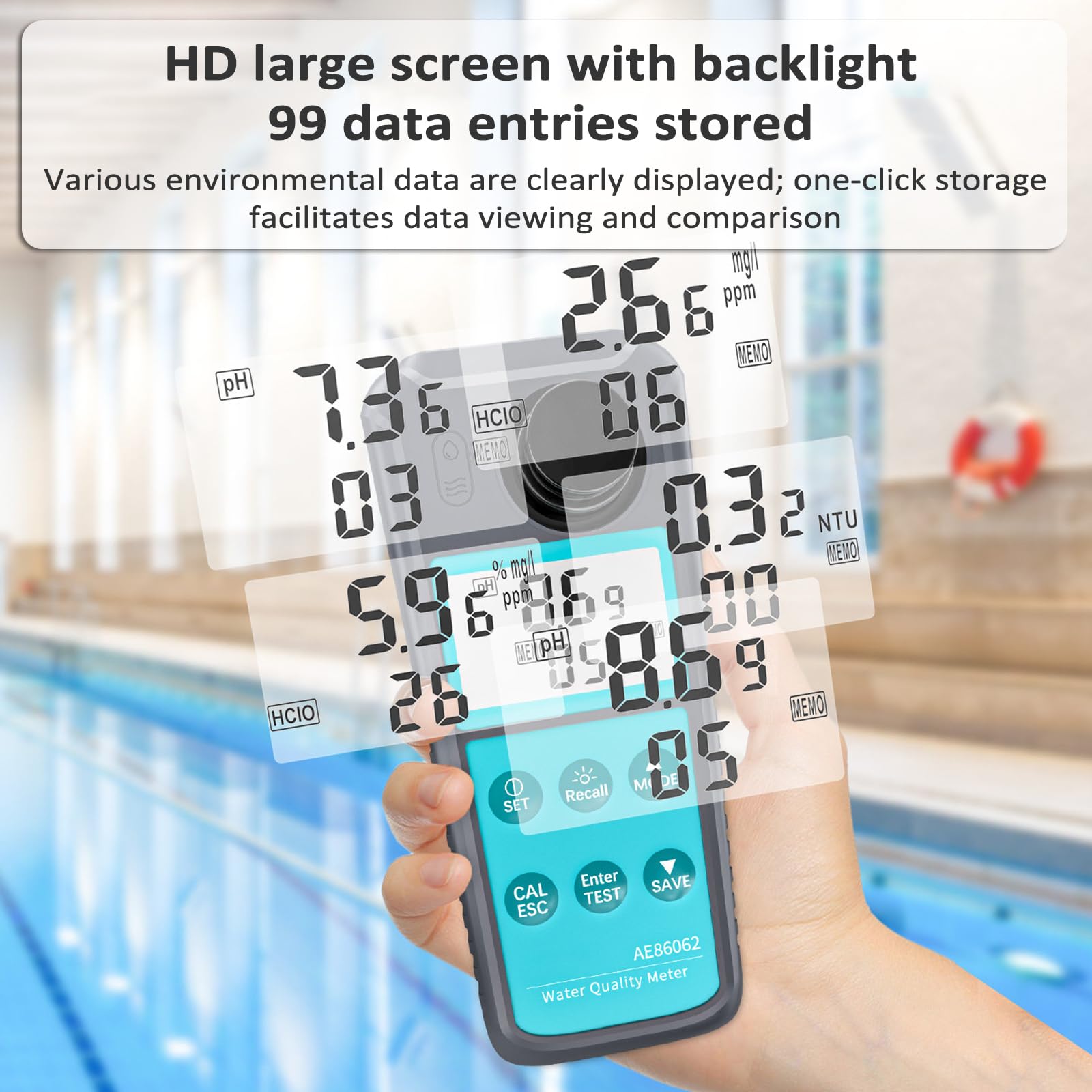Medidor digital de calidad del agua, detector multiparámetro con sonda, mide turbidez/pH/cloro residual, almacena 99 entradas de datos, conmutación °C/°F, para piscina de acuario