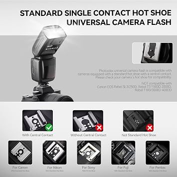 PHOTOOLEX Camera Flash for Canon Nikon Sony Panasonic Olympus Fujifilm Pentax Sigma Minolta Leica and Other SLR Digital and Digital Cameras with Single Contact Hot Shoe