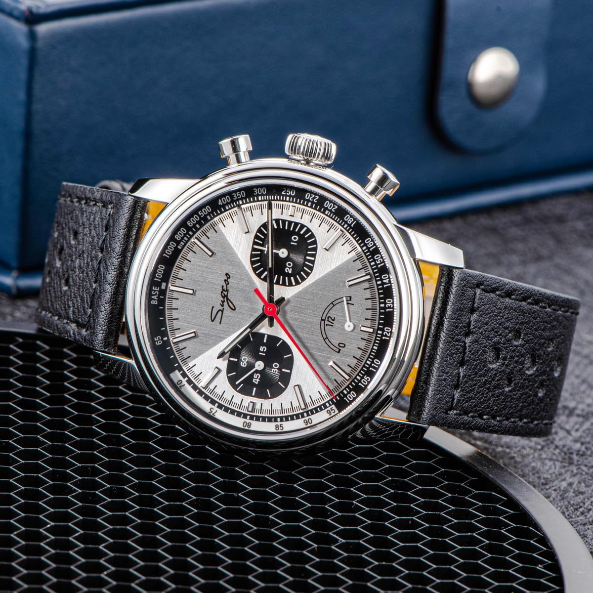 SUGESS Seagull ST1906 Panda 41 mm Ice-White Power Indicator Chronograph schwarzes Leder 1963 BNIB, weiß, Klassisch