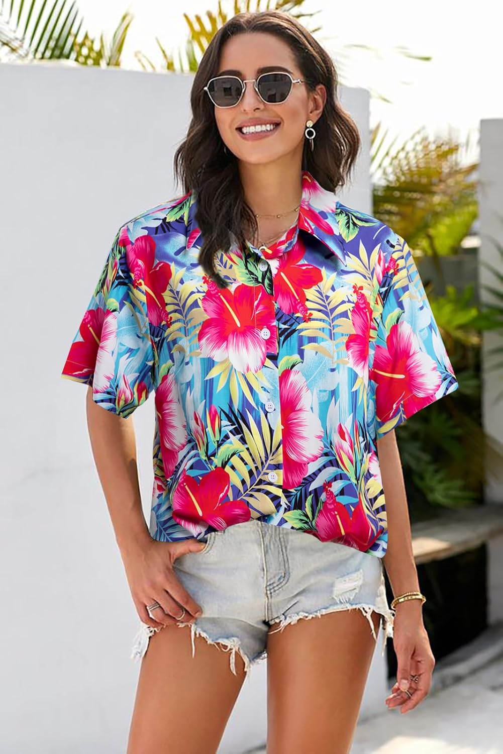Women Hawaiian Shirt : Summer Soft Hawaii Tropical Shirts - Floral Beach Button Up Short Sleeve Top - Image 2