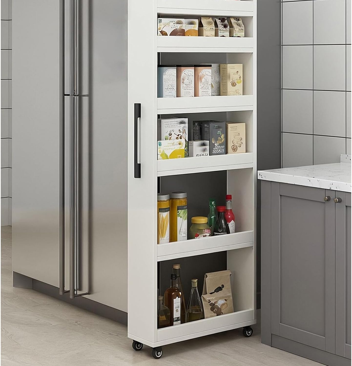 Slim Kitchen Storage Cart with Wheels, 7-Tier Narrow Rolling Shelf Organizer for Small Spaces, High-Capacity Slide-Out Pantry, White, 5.9"x21.6"x72.4" - Perfect for Kitchen & Dining Room.