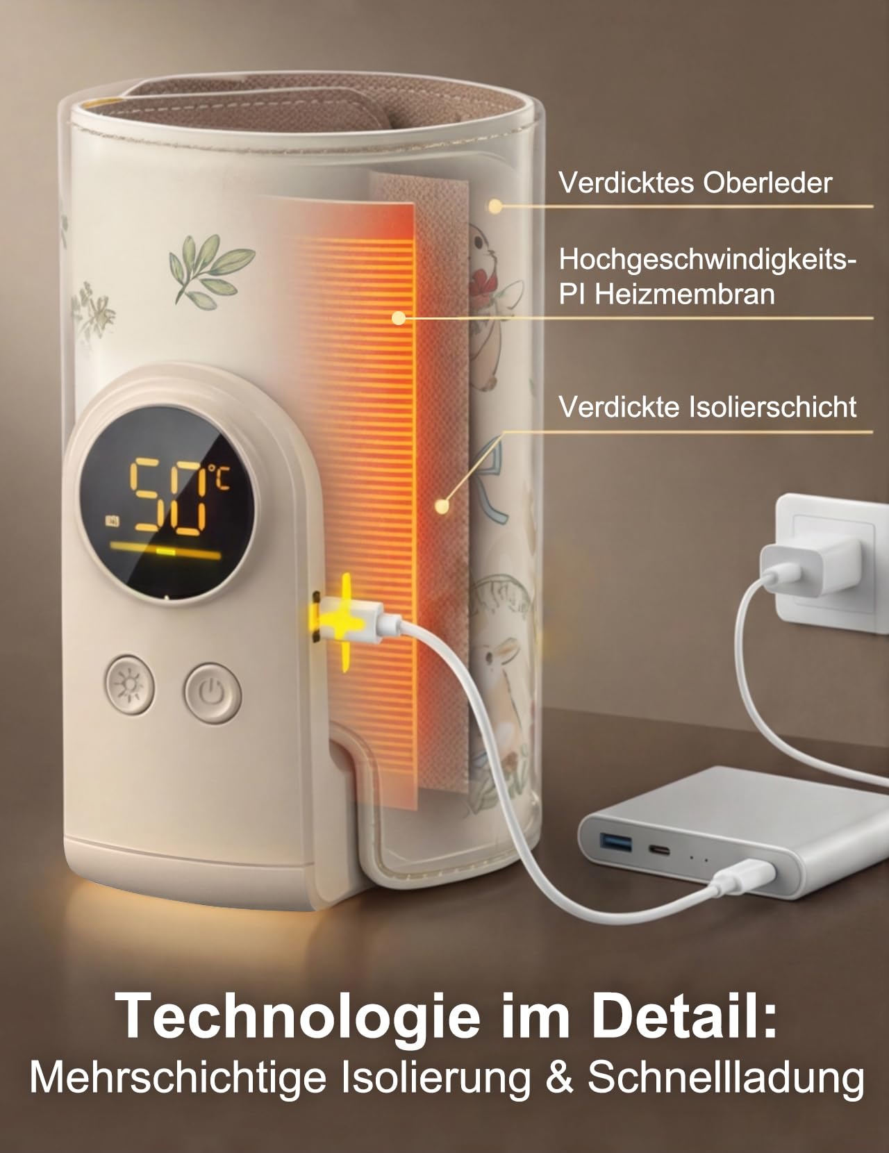 Flaschenwärmer Baby unterwegs 8000mAh Akku, 6 Temperaturen (Straußhase) | Tragbarer Flaschenwärmer mit LED-Display, Nachtlicht & USB-C Schnellladung – für unterwegs & Nachtfütterung