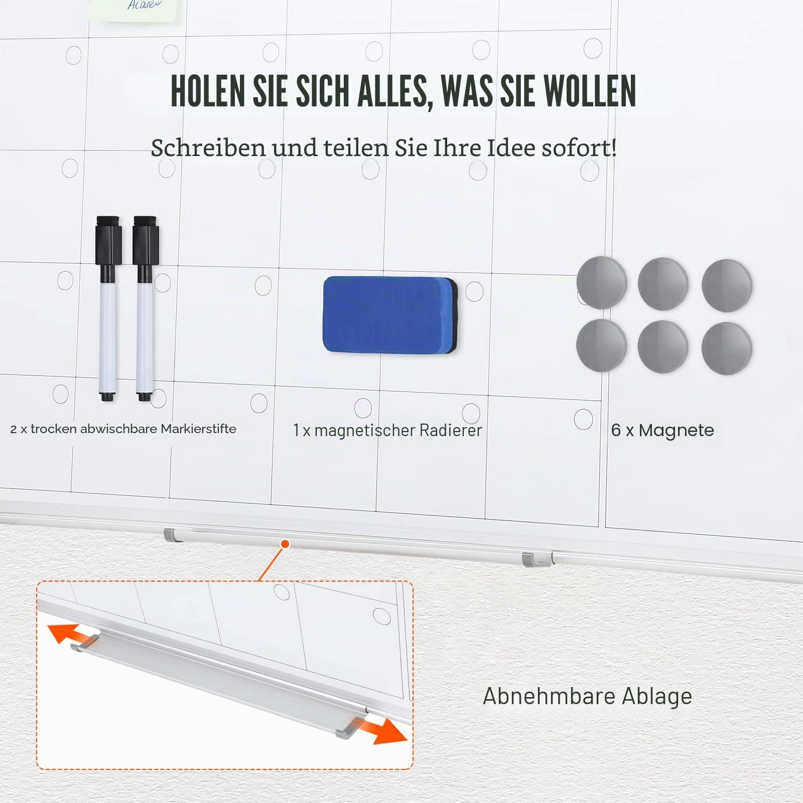 VEVOR Kalender Whiteboard Beschreibbare Magnettafel 915 x 610 mm, Memoboard inkl. 2 Stifte +6 Magnete + 1 Löscher