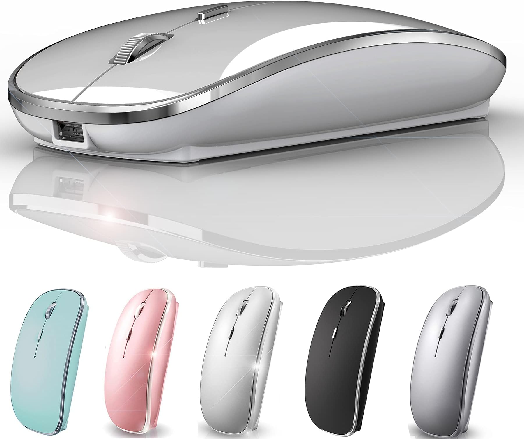 Rechargeable Bluetooth Mouse Wireless Bluetooth Mouse for iPad pro iPad Air Mac MacBook Pro MacBook Air Laptop Chromebook Windows HP DELL (Silver)