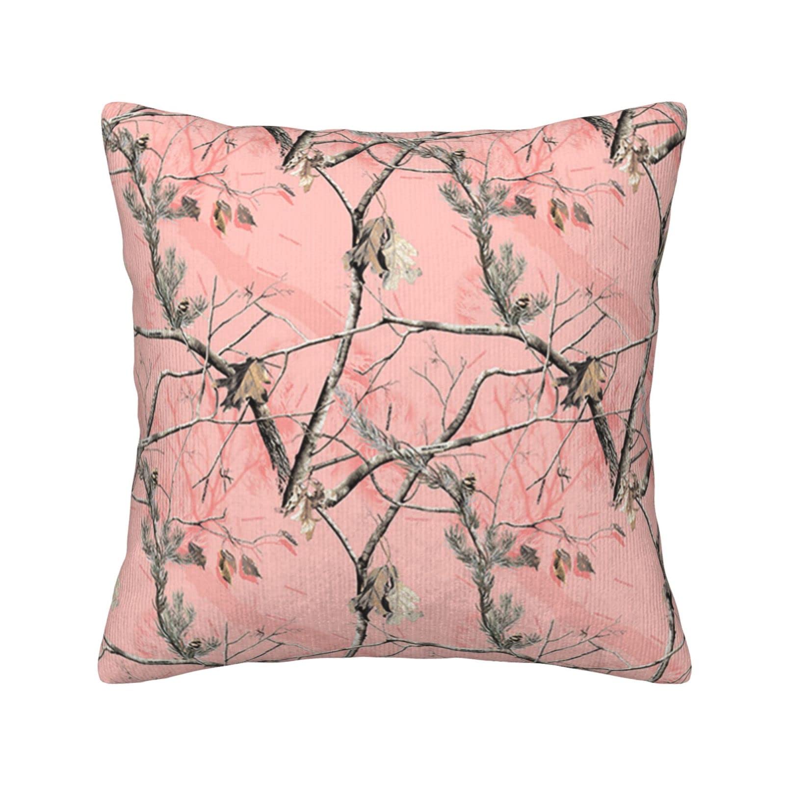 Housse de coussin velours côtelé rose imprimé camouflage motif feuilles pour canapé