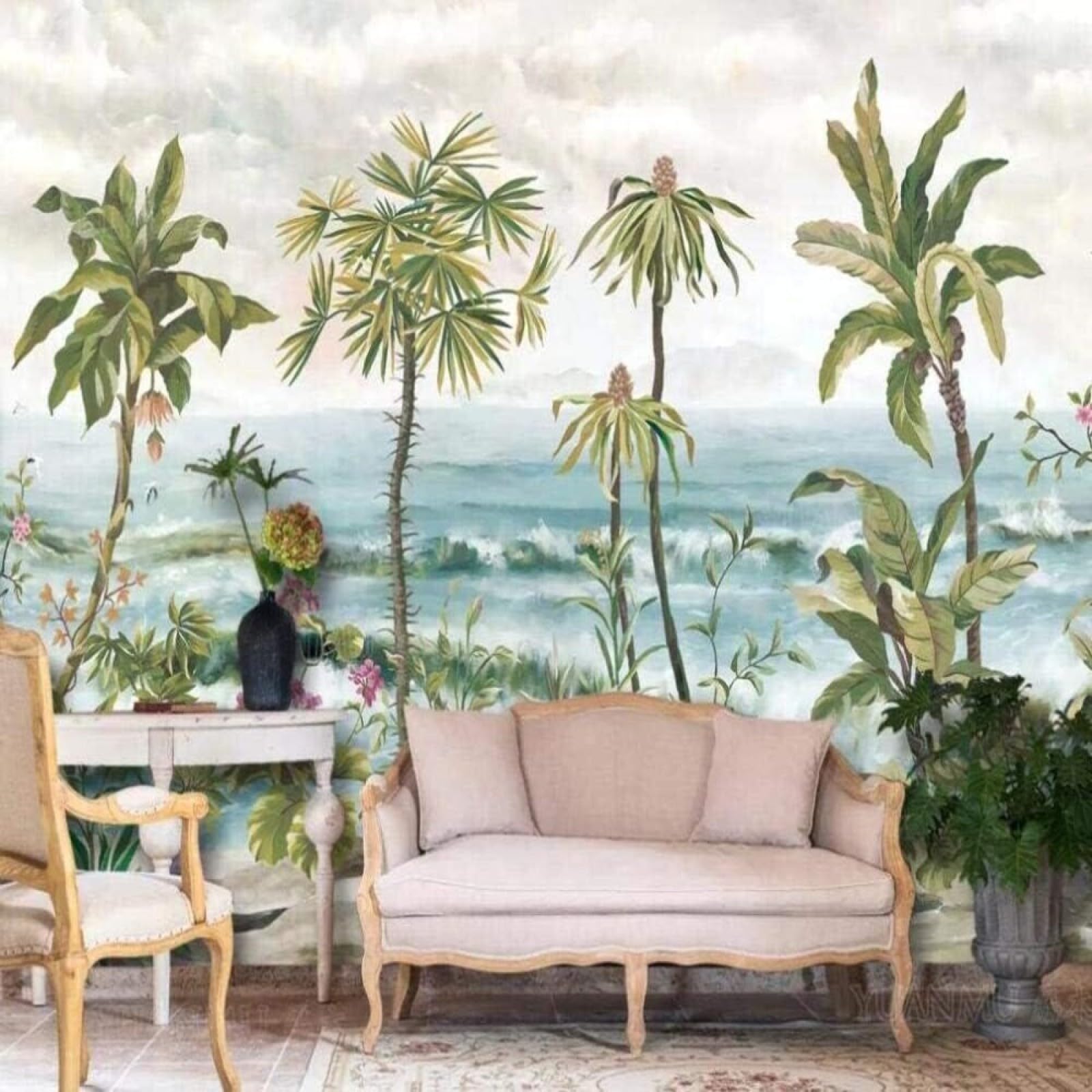 Papel pintado 3D de hojas verdes y mar con textura de seda premium para paredes exclusivas