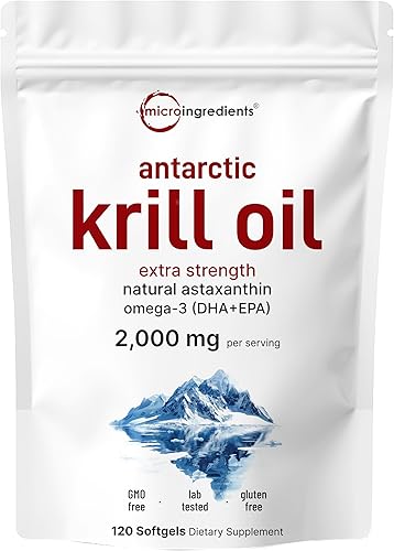 Micro Ingredients Suplemento de aceite de krill antártico de 2,000 mg por porción, 120 cápsulas blandas  Extra fuerte  Rico en omega-3 EPA y DHA +