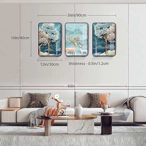 Miniatura 4 de SERIMINO Arte de pared enmarcado para sala de estar, bosque brumoso de alce nórdico, decoración de pared azul abstracto de animales paisajes,