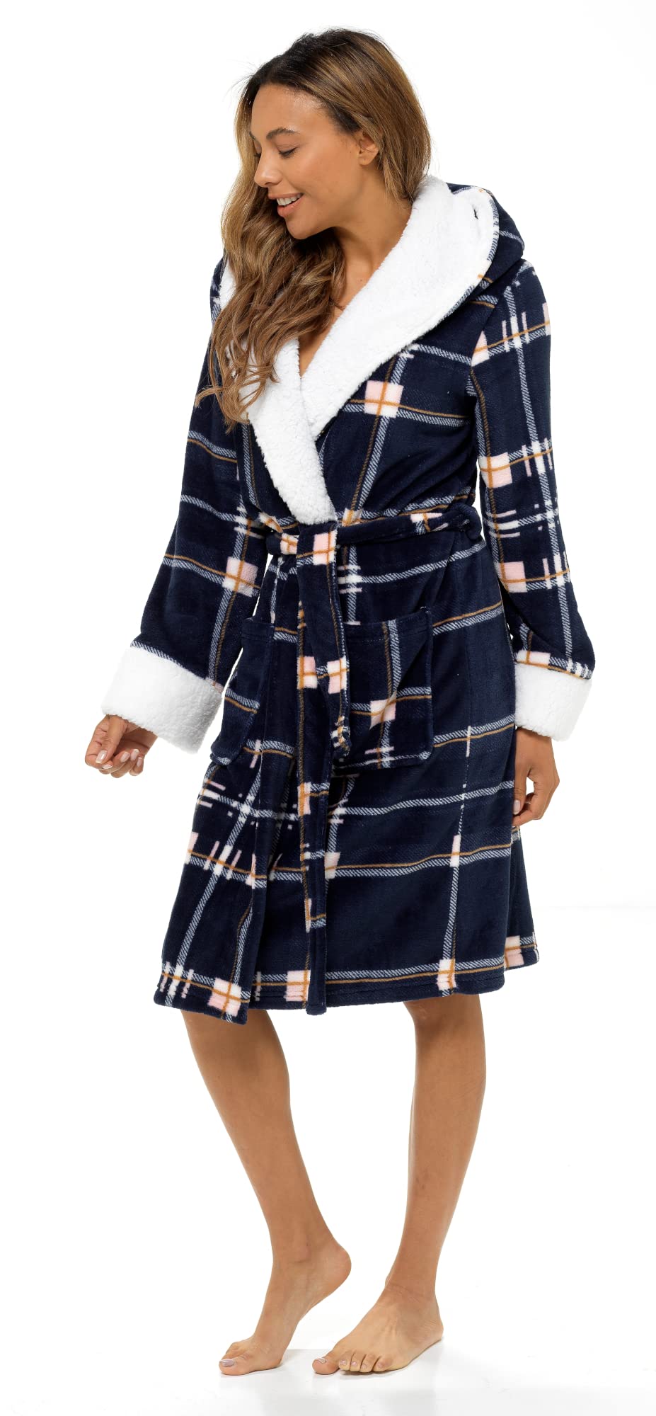 Lora Dora Peignoir pour Femmes Peignoir Luxe à Carreaux Tartan à Capuche doublée Sherpa