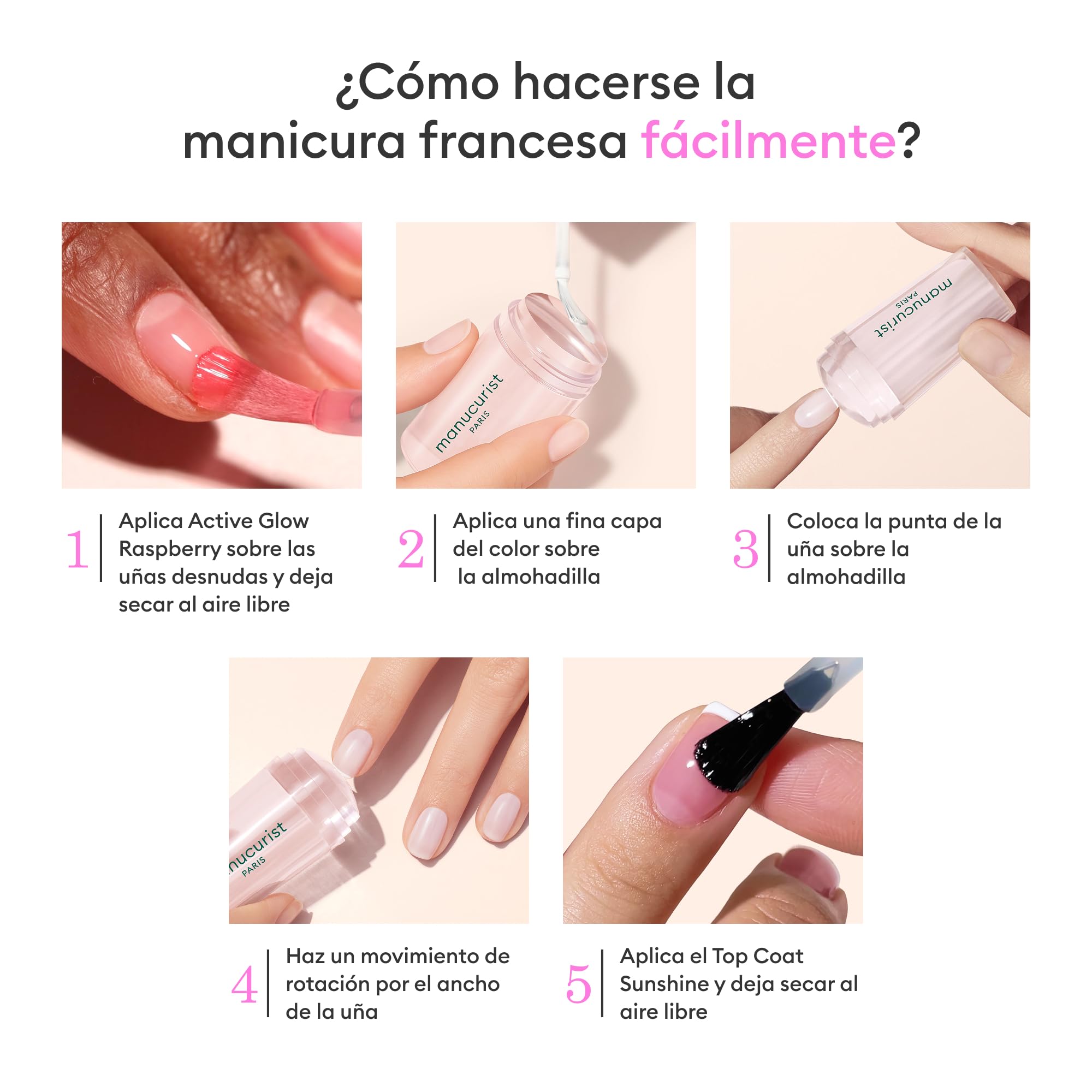 Manucurist – Set Active French Manicure Routine – Endurecedor de Uñas Active™ Glow Raspberry, Esmalte de Uñas Green™ Crème Tamaño Viaje, Mani Stamper y Top Coat Sunshine Efecto Gel – Kit de Manicura F