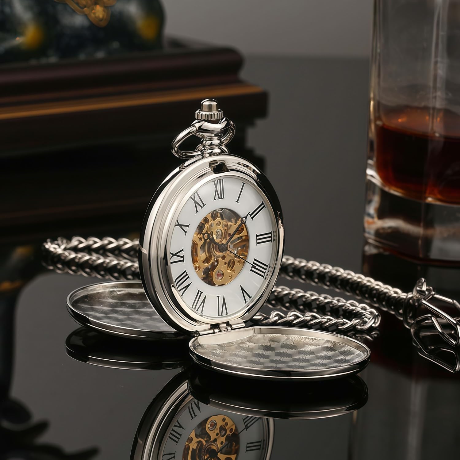 Mechanical Pocket Watch with Chain - Retro Smooth Classic Handwind - Roman Numerals for Men & Women