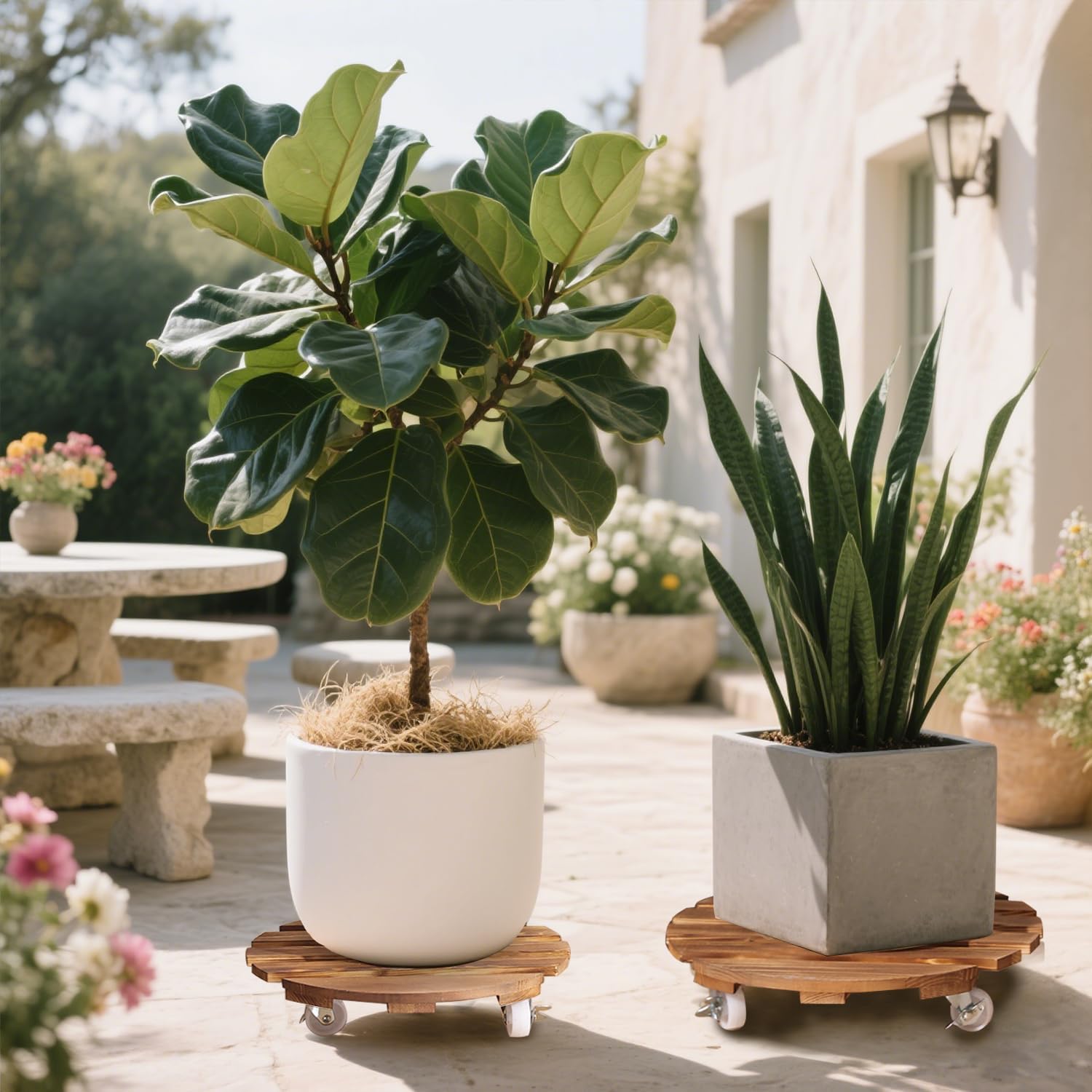 2 Pack 14 inches Wood Plant Caddy with Wheels Heavy Duty, 280Lbs Capacity,Round Rolling Plant Dolly with 360° Swivel Casters,Solid Wood Plant Stand with 4 Lockable Casters for Large Plants