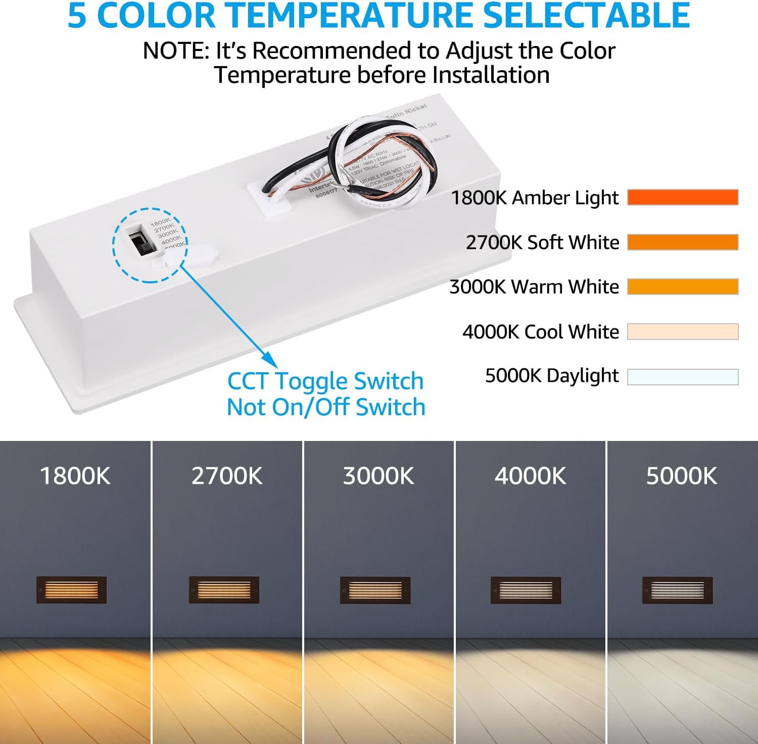 LEONLITE Update 5CCT LED Step Lights 120-277V, Dimmable 4.5W 300LM Anti-Glare LED Deck Steps Stair Lights Outdoor, 1800K2700K3000K4000K5000K, CRI 90, ETL, IP65 Waterproof, Oil Rubbed Bronze, Pack of 3