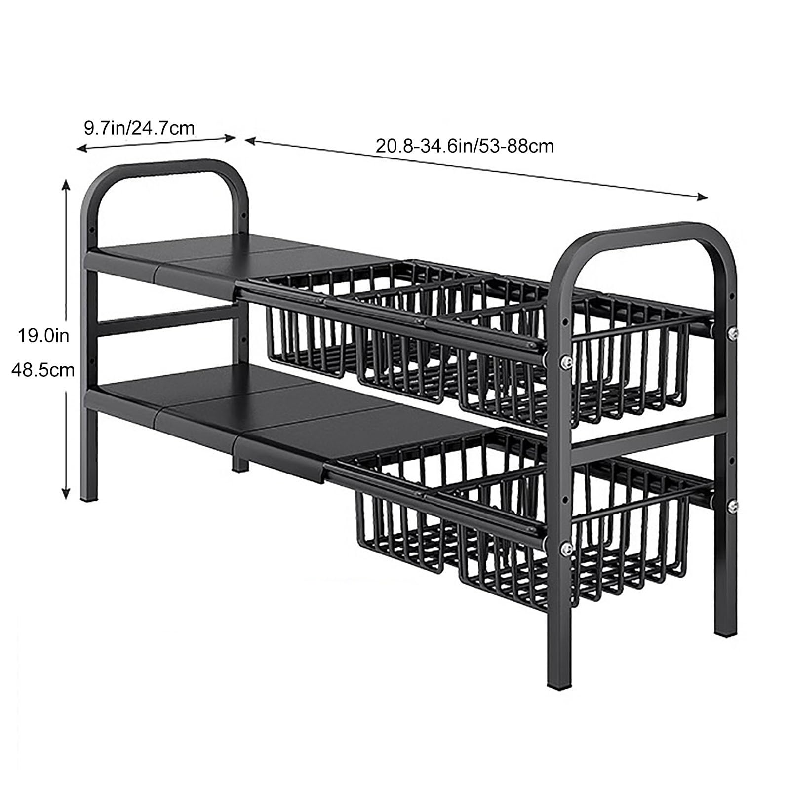WZFPXIGWE Under Sink Organizer, 2 Tier Expandable Heavy Duty Metal Shelf, with 5 Removable Panels and 5 Storage Basket, for Under Kitchen Sink Organizer