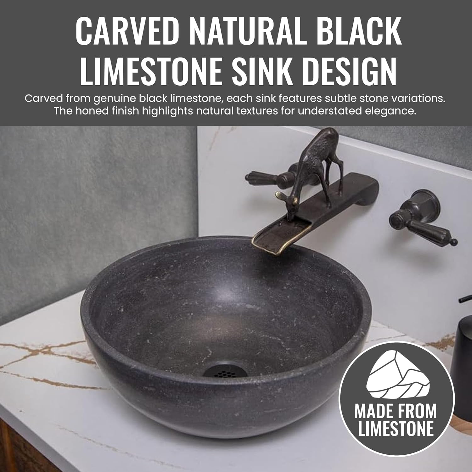 Eden Bath Round Small Thin Rim Vessel Sink, Honed Black Limestone - Stylish Bathroom Sink