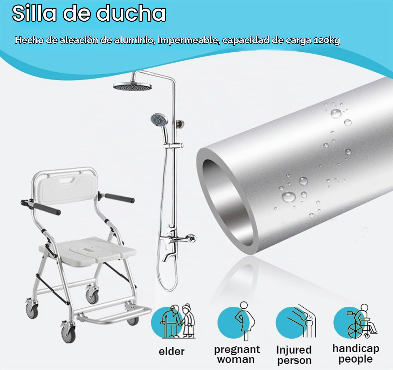 Silla de Ducha con Ruedas, Taburete de Ducha Plegable con Frenos y Respaldo Desmontable, Silla de Baño para Personas Mayores Discapacitados y Mujeres Embarazadas, Carga Máxima 120kg(Size:shower chai