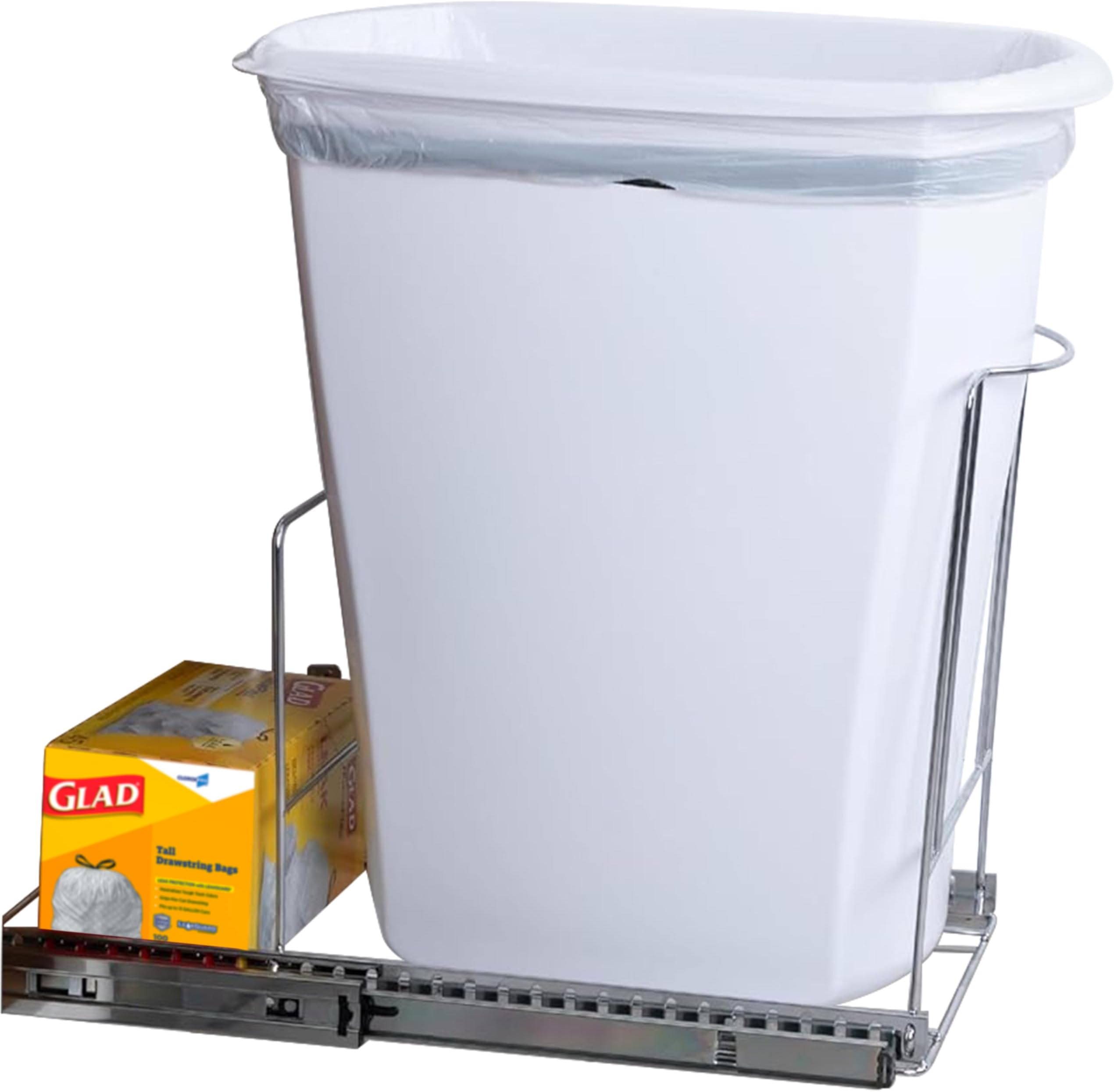 Pull-Out Trash Can for Cabinet - 12 Gal / 48 qt – Heavy-Duty Chrome, Smooth Slide with Trash Bag Storage – Fits 13" Cabinet Opening (Bin Not Included)