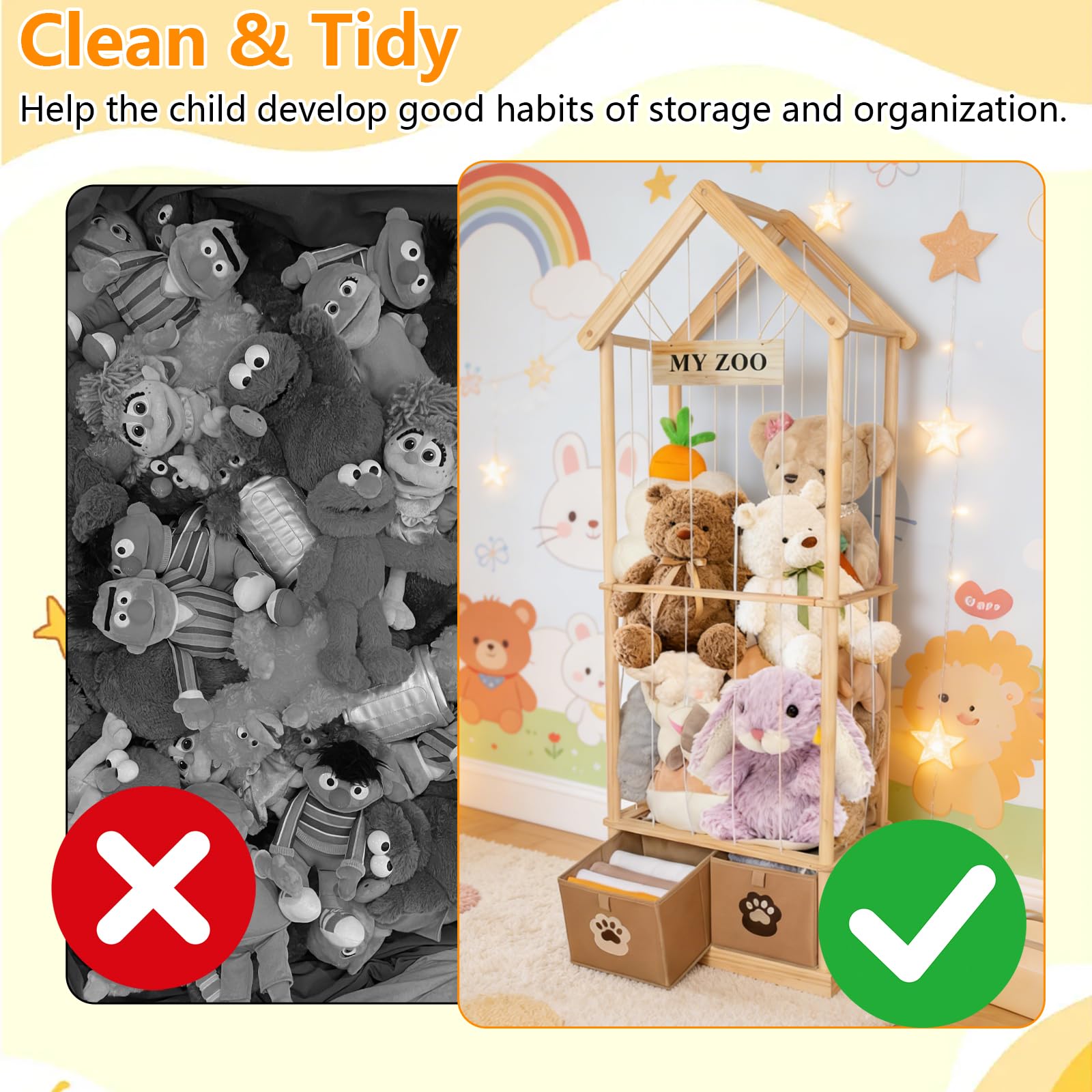 165x58x33cm Plüschtier Aufbewahrung aus Holz mit 2 Schubladen, Massivholz Kiefer Kuscheltier Organizer, Hohes Plüschtier Regal für Kinderzimmer, Spielzimmer & Nursery