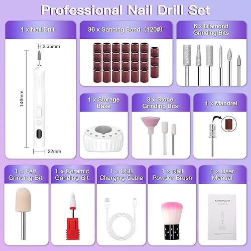 Miniatura 8 de Taladro eléctrico de uñas, máquina profesional de uñas acrílicas con secador de uñas y pantalla digital, juego de archivos de uñas USB portátil para