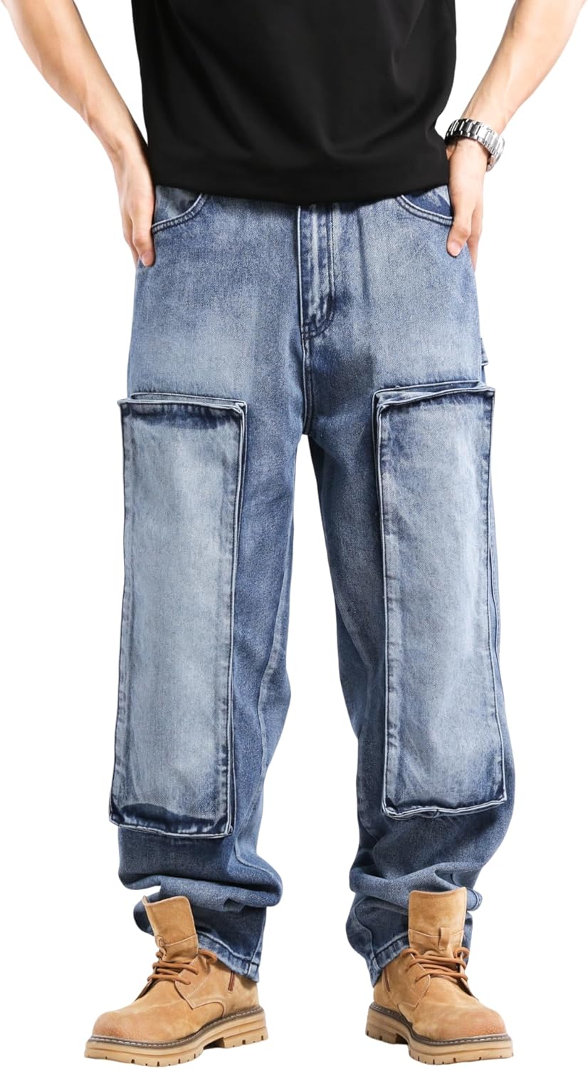 LUOBANIU Men's Cargo Baggy Jeans with Multiple Pockets Tactical Joggers Utility Work Pants Relaxed Fit for Outdoor Streetwear