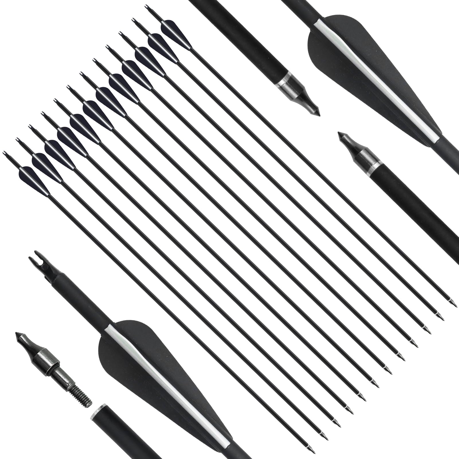 12 Stück 28-31 Zoll Bogenschießen Carbonpfeile Spine 500 Jagd Zielpfeile Mit Einschraubbaren Pfeilspitzen Für Compoundbogen Recurvebogen Jagdbogen Und Langbogen