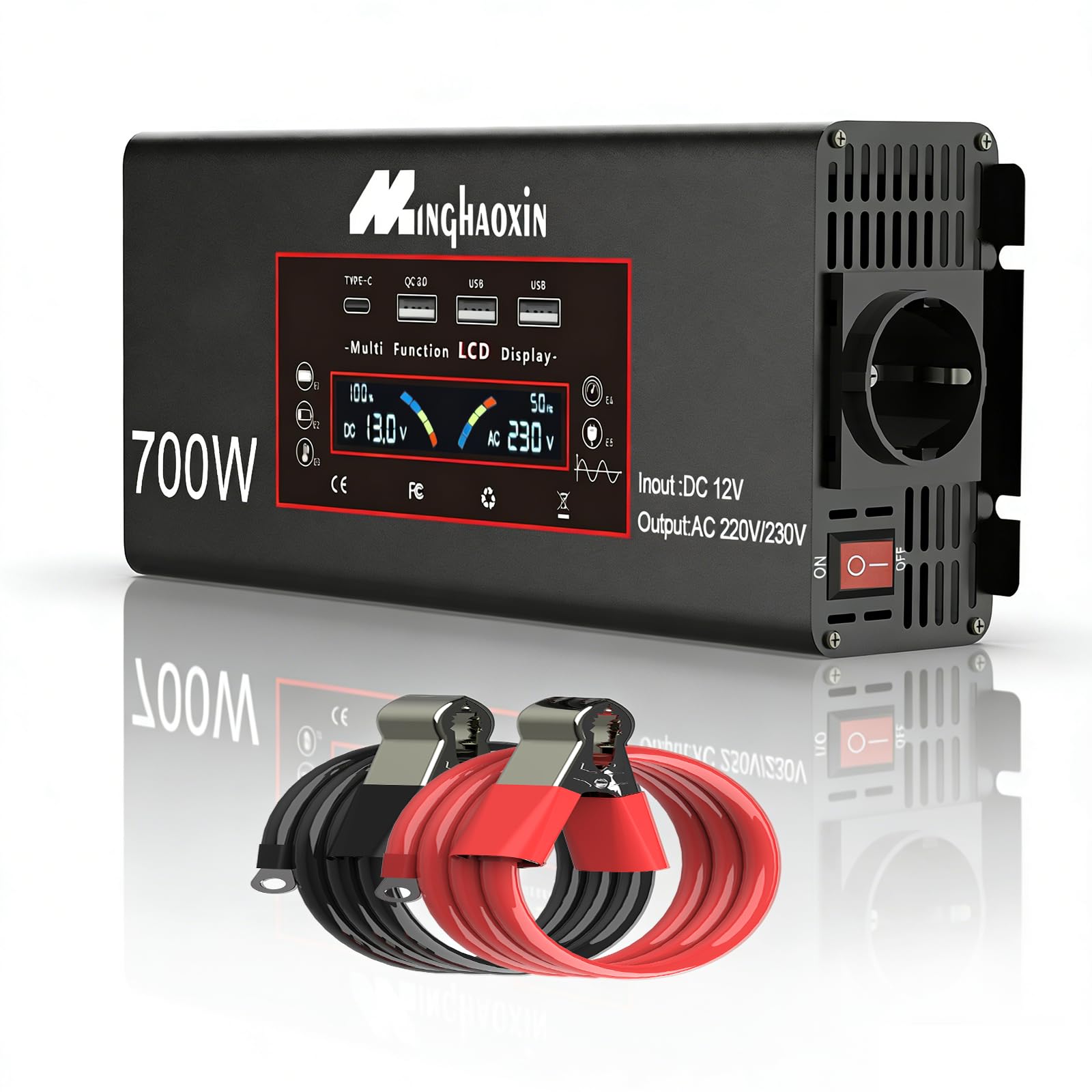 700W Spannungswandler 12v auf 230v Reiner Sinus Wechselrichter Power Inverter LCD Anzeige + EU Steckdosen und 3 USB Autoladegerät Für Auto KFZ Wohnwagen LKW