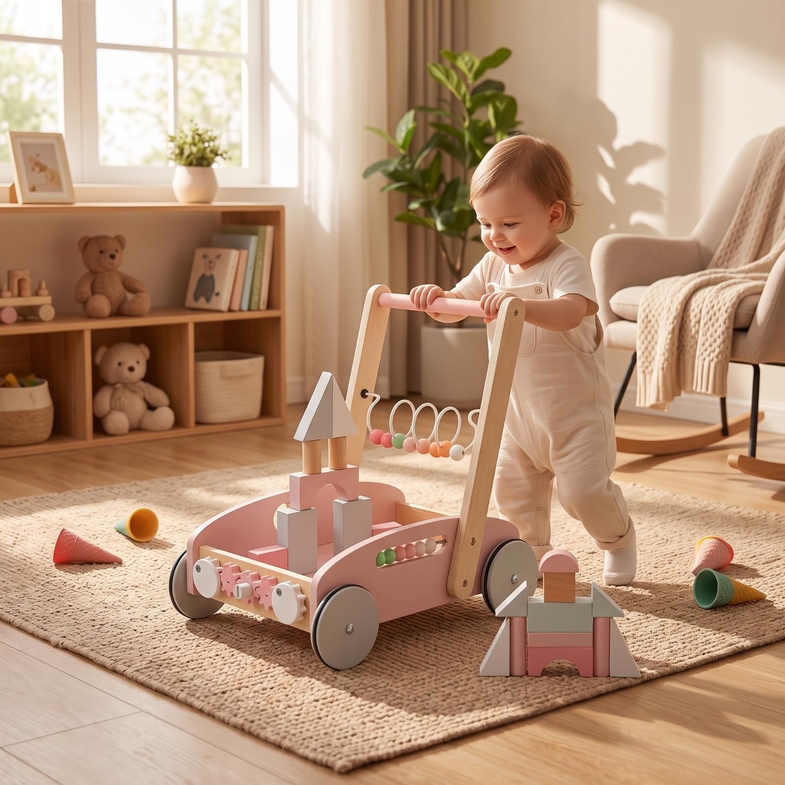 de Aprendizaje para Niños con Correpasillos Carro de Empuje Centro Interactivo y Juguete Educativo Estructura Estable de Madera Maciza y Contrachapado, Azul, 1/Juego