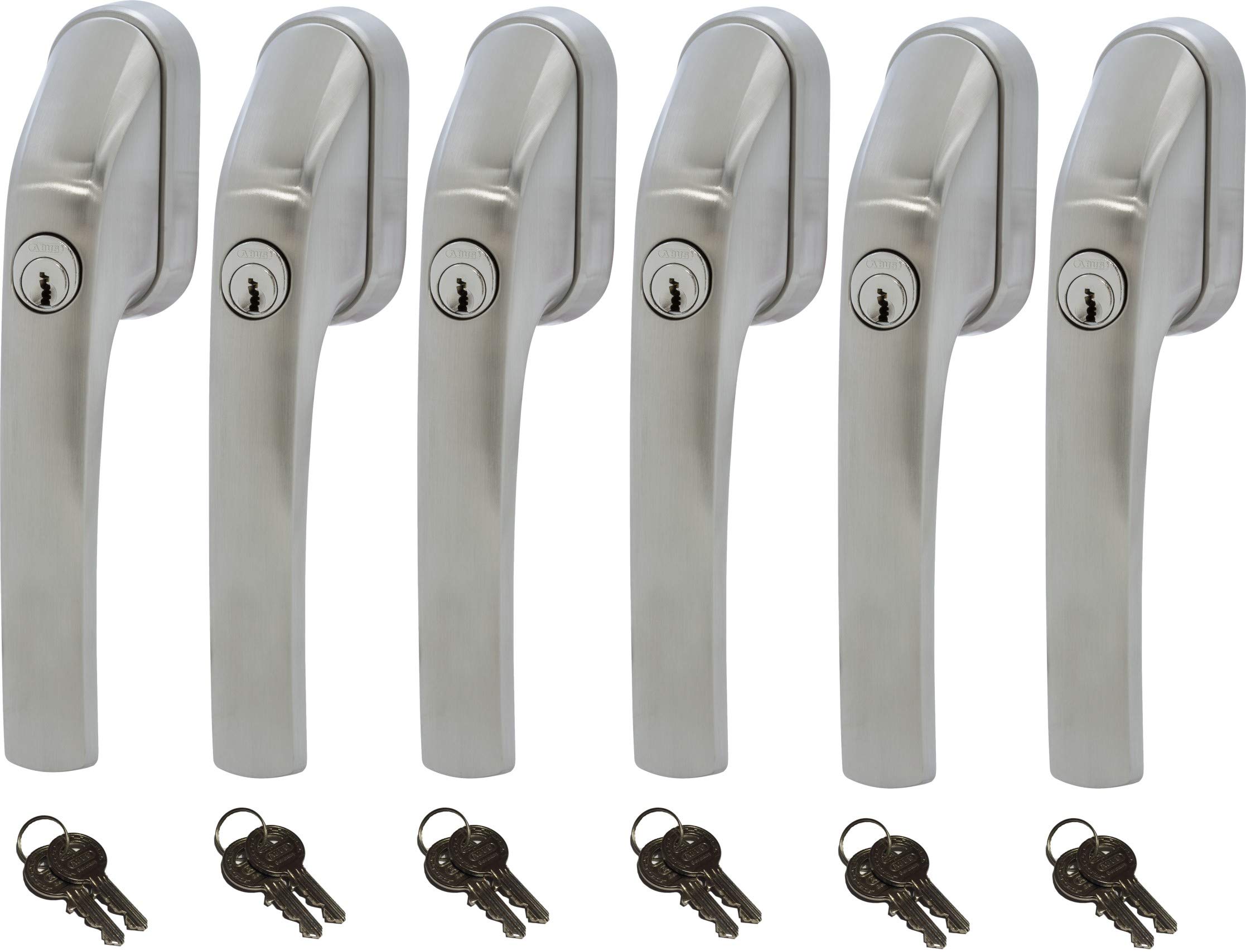 ABUS FG300 ER, abschließbarer Fenstergriff in Edelstahl-Optik, im Set 6 Stück alle gleichschließend AL0125 mit insgesamt 12 Schlüssel