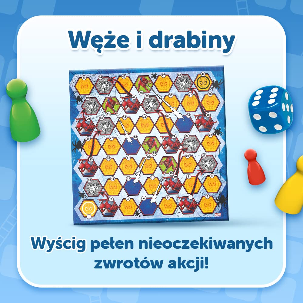 Trefl - Chińczyk, Węże i Drabiny: Spider-Man - Gra 2w1, Rodzinna Gra Planszowa z Superbohaterem Marvela, Dwustronna Plansza, Proste Zasady, Klasyczna Gra Dla Dorosłych i Dzieci od 4 lat