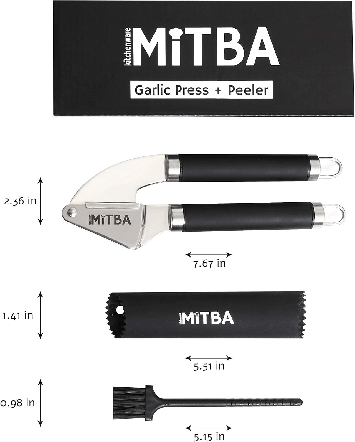 MiTBA Garlic Press set- Professional Stainless Steel Mincer, User Friendly With Non-Slip Handles Easy To Clean, And Highly Durable. Crusher Silicone Tube Peeler & Cleaning Brush Included: Home & Kitchen