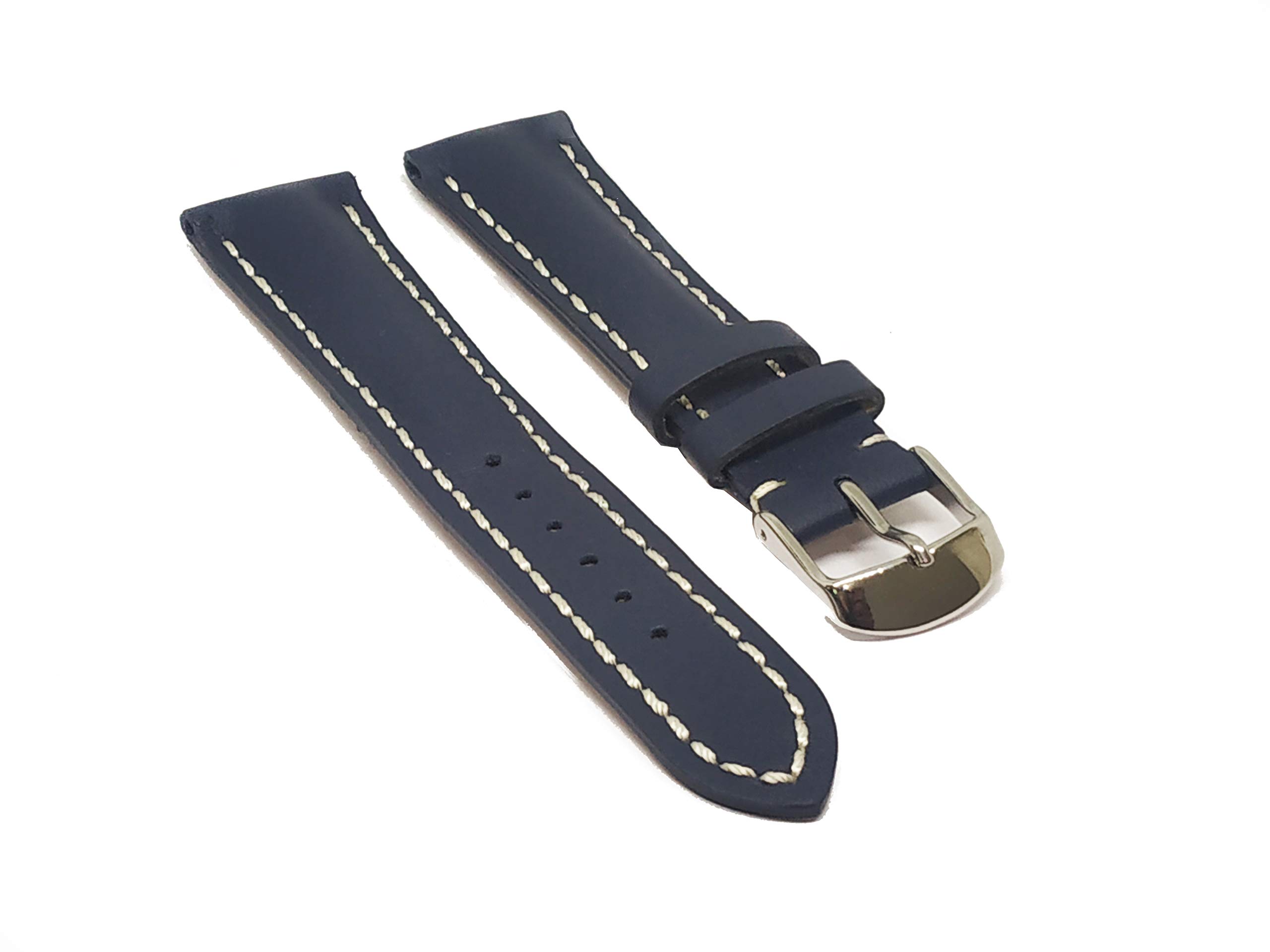 EwatchAccessories 18mm Genuine Leather Plain Style BLUE with White Stitches Watch Band Strap with Silver Stainless Steel Buckle for Men and Women (B08PPRGVXX) Amazon Price History, Amazon Price Tracker