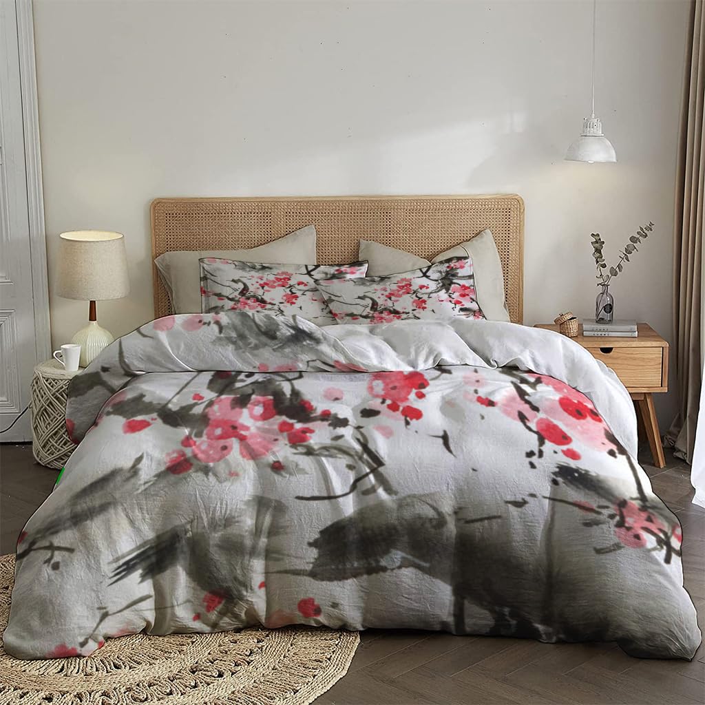 NIBAINLO 布団カバーインクスタイルの花の桜の木 肌に優しい ピーチスキン加工 掛け布団カバー 和式 洋式 あったか 布団カバーセット リバーシブル ホームステイ ホテル 家庭兼用