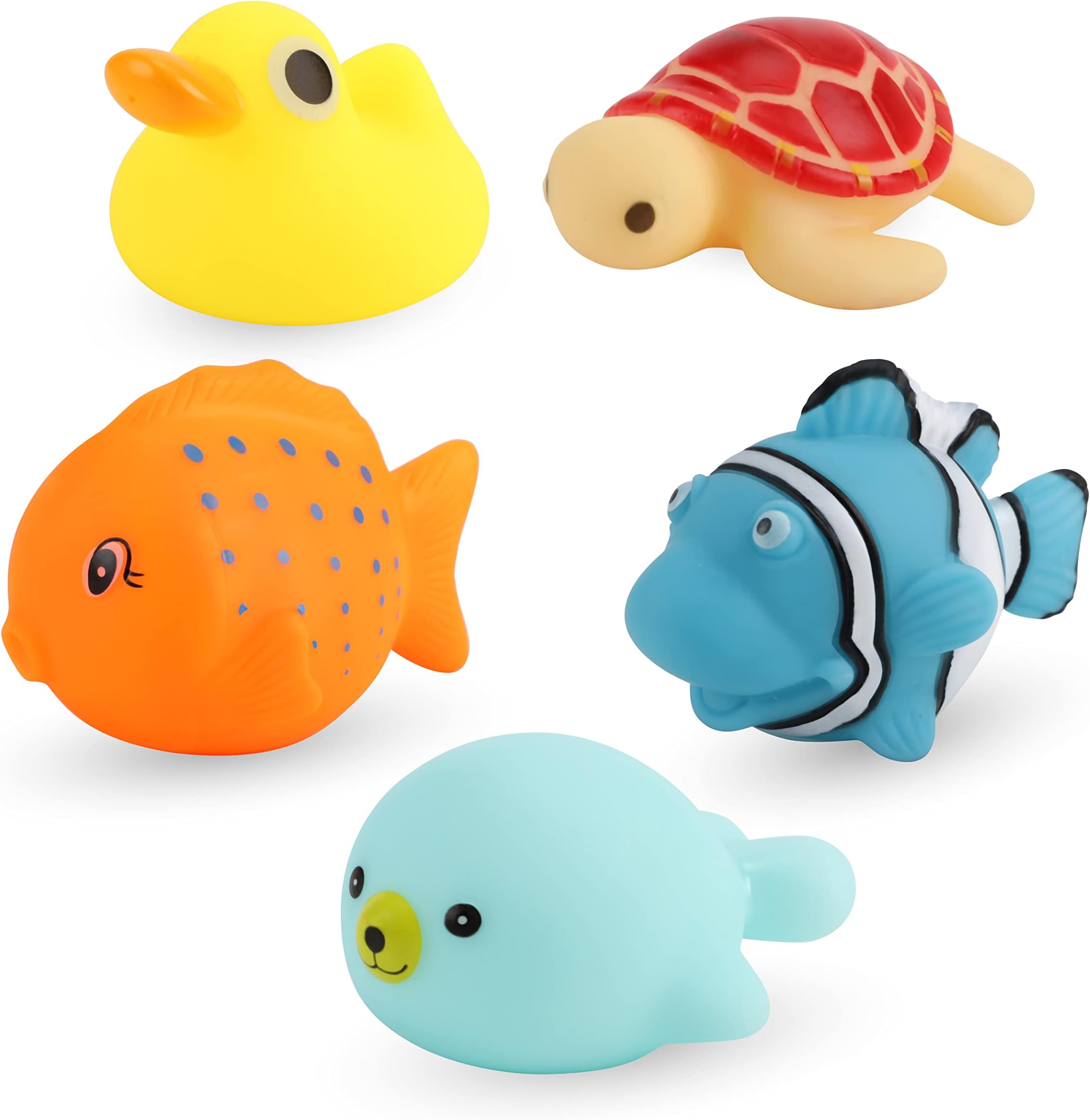 The Moon Brand Baby Sea Life Toys – 5Pcs Bath Fish Toys for Toddlers – Soft Baby Pool Accessories w/ Hanging Quick Dry Mesh Bag – Squeezable & Floating Aquatic Character Water Toys - Multi Color