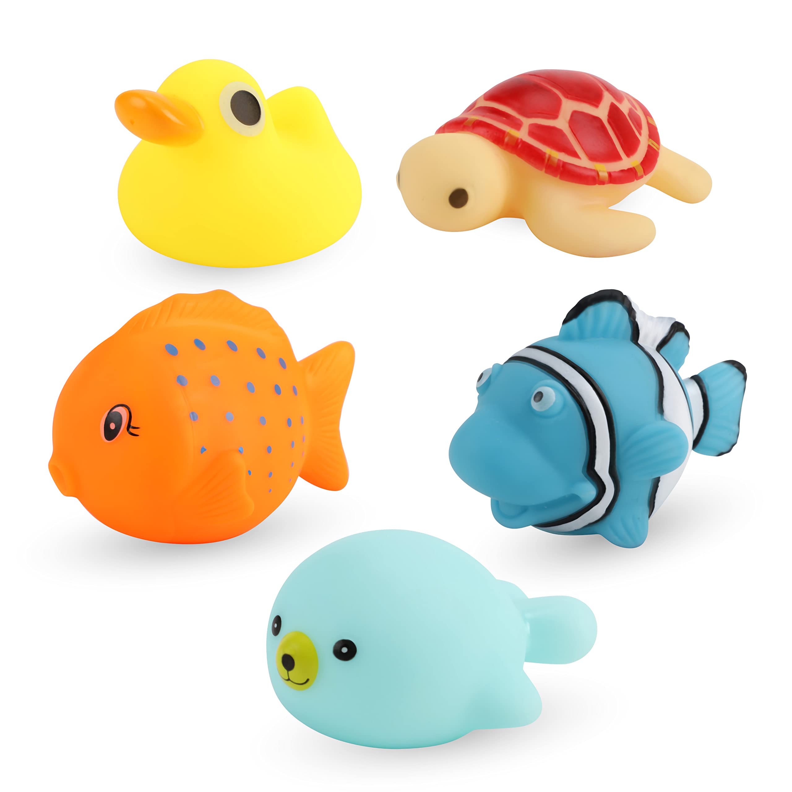 Baby Sea Life Toys – 5Pcs Bath Fish Toys for Toddlers – Soft Baby Pool Accessories w/ Hanging Quick Dry Mesh Bag – Squeezable & Floating Aquatic Character Water Toys - Multi Color