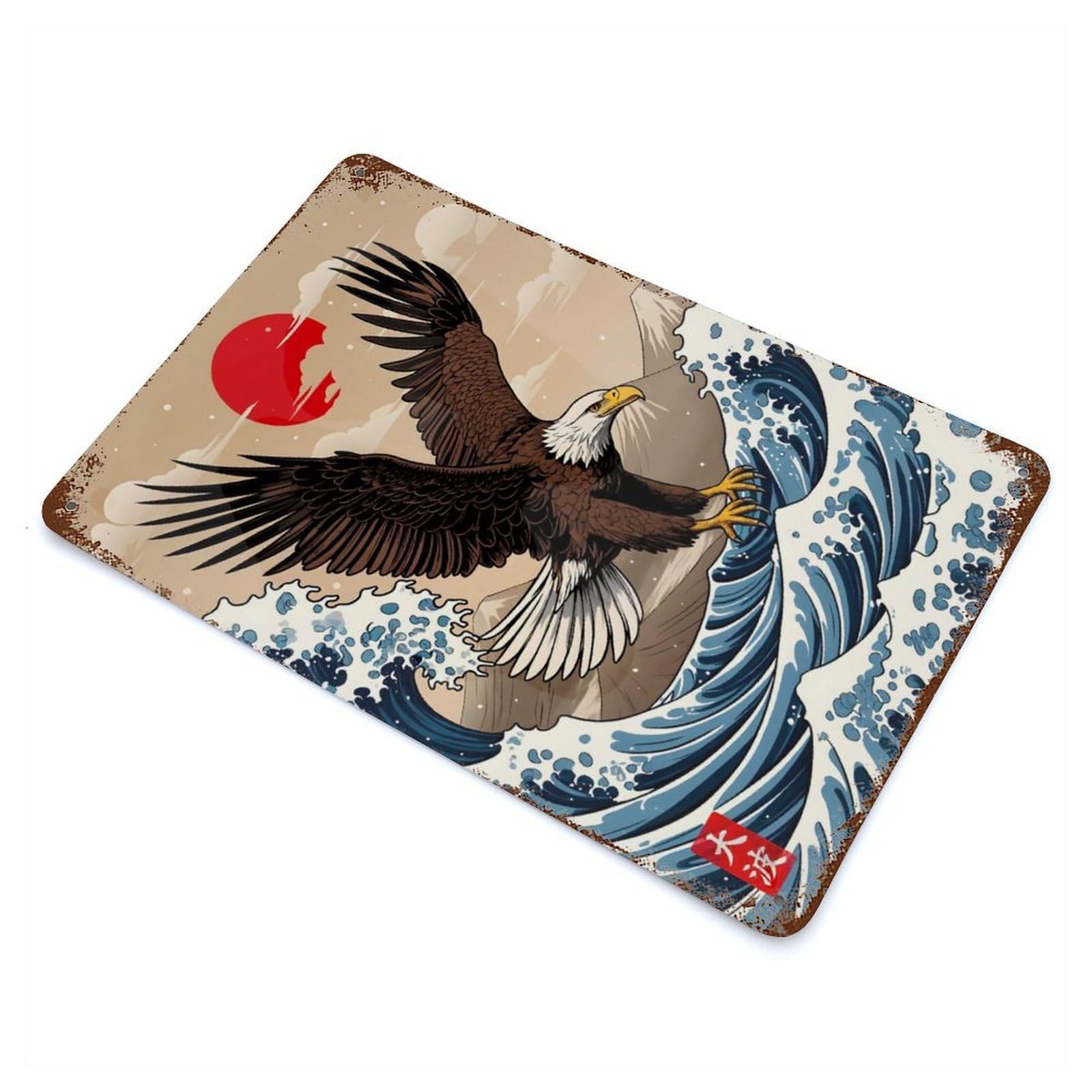 Distressed Metal Wall Sign with Great Wave of Eagle Design 11.8"x7.9", for Shed, Workshop And Garage Wall Decor, Decorative Metal Wall Art