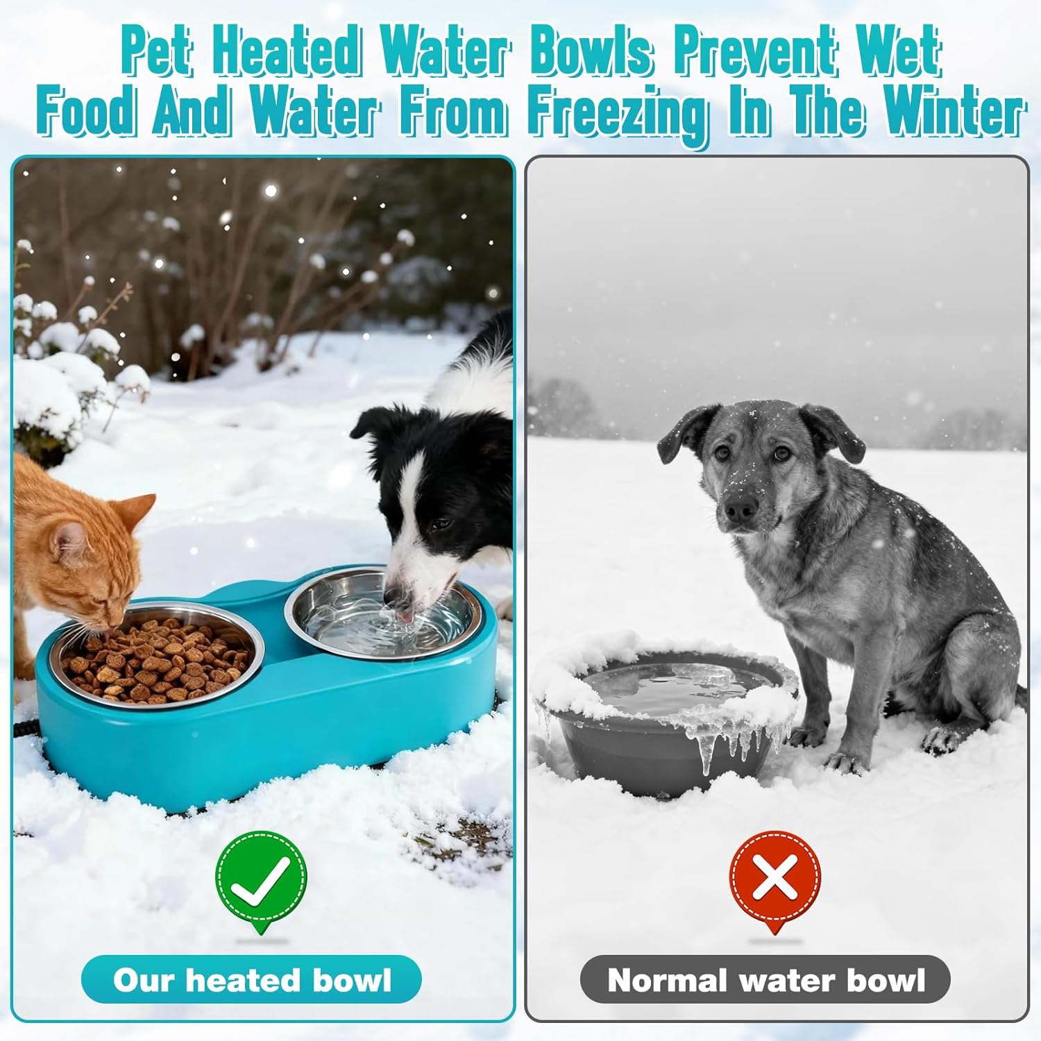 Heated Cat Food & Water Bowls for Outside Pets, 2 Stainless Steel Heated Cat Bowl 24 OZ Each, Waterproof Heated Pet Bowl for Outside Cat Dog Bird, No More Frozen Food or Water in Winter