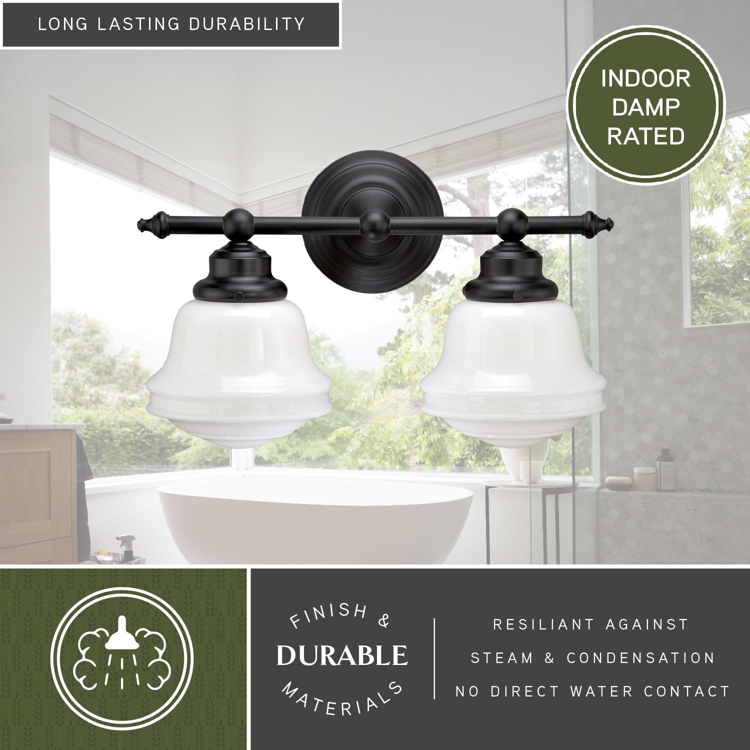 VAXCEL Huntley 2-Light 16 inch Wide Oil Rubbed Bronze Farmhouse Bathroom Vanity Lighting Fixture, White Schoolhouse Milk Glass Globe Shade, Dimmable LED Compatible, Over the Mirror Mounted Wall Sconce