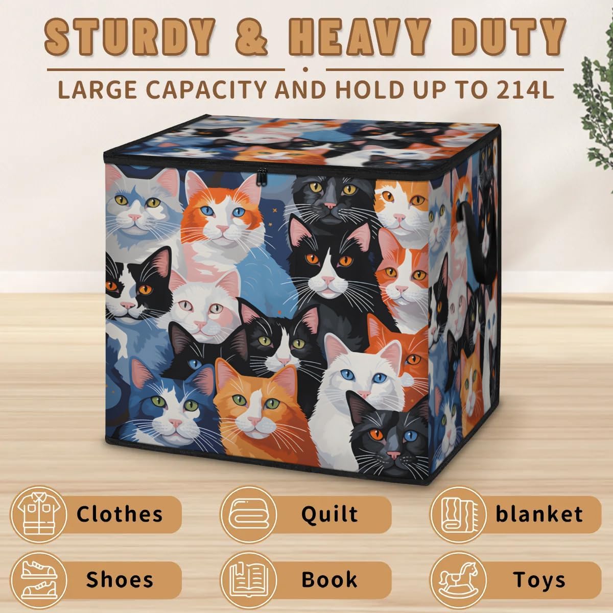 Honeybaby 214L Extra Large Comforter Storage Bag Cat Pattern Storage Totes with Lids Waterproof Closet Organizer Folding Blanket Storage Bags for Clothes Bedding Pillows