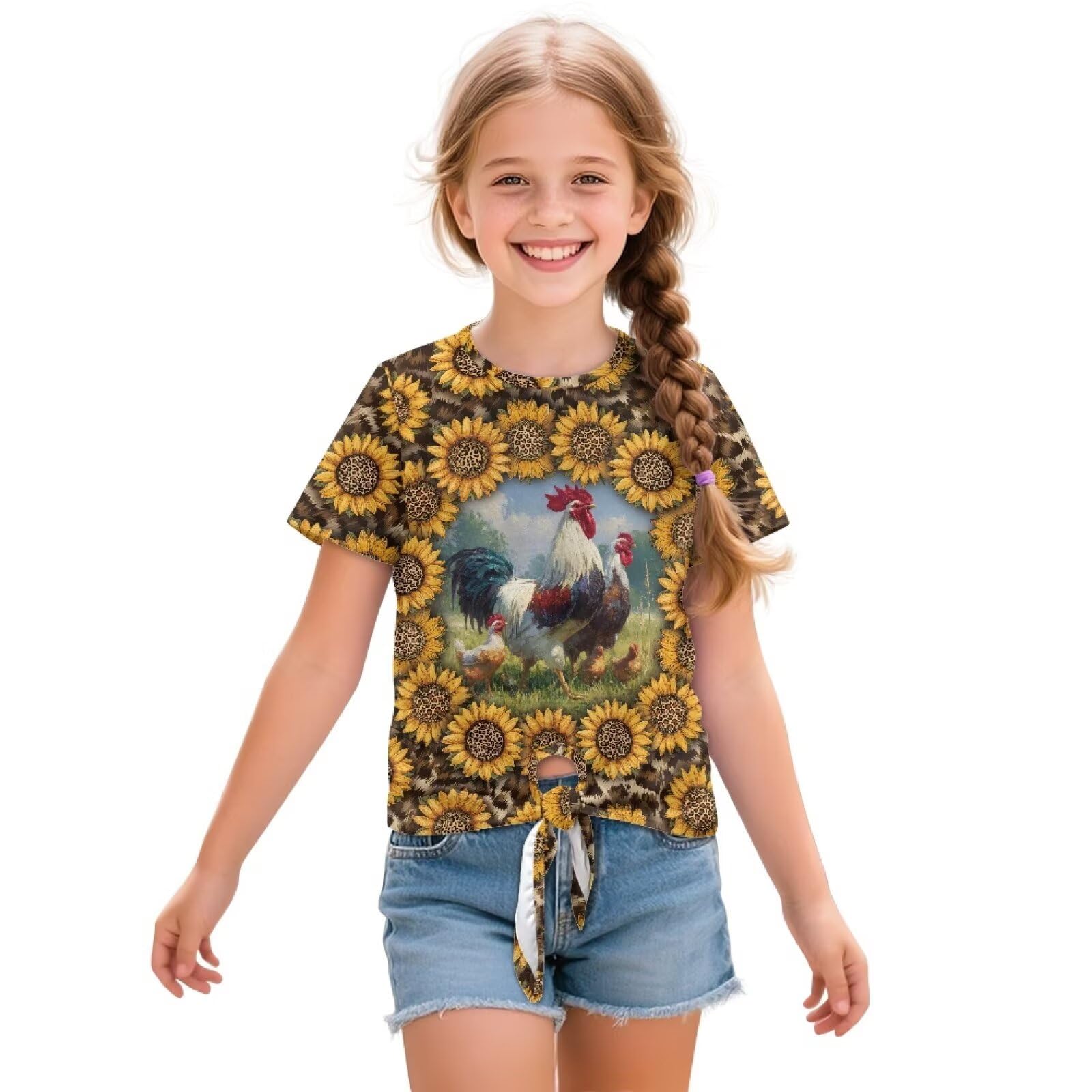 Viewamoon Sunflower Chicken Short Sleeve Twist Knot T Shirt for Girls 11-12 Leopard Tee Shirt Blouses for Kids Casual Crewneck Shirts for Outdoor Vacation