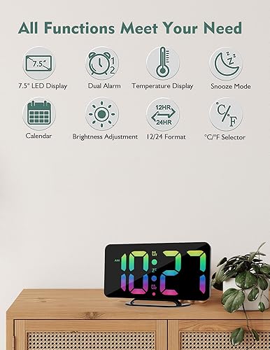 Miniatura 2 de Reloj despertador digital, reloj de pared digital con alarma doble, repetición, 4 niveles de brillo, 1224 horas, reloj pequeño de escritorio, reloj