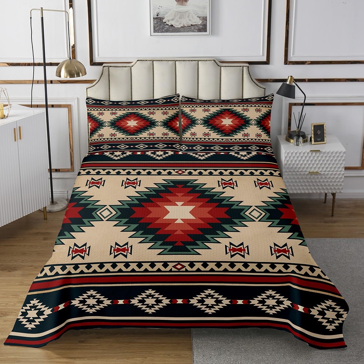 jejeloiu Boho Aztec Bedspread Southwestern Bedspread for Kids Boys Girls Rustic Farmhouse Coverlet Set Bohemian Tribe Quilted Room 3Pcs King Size
