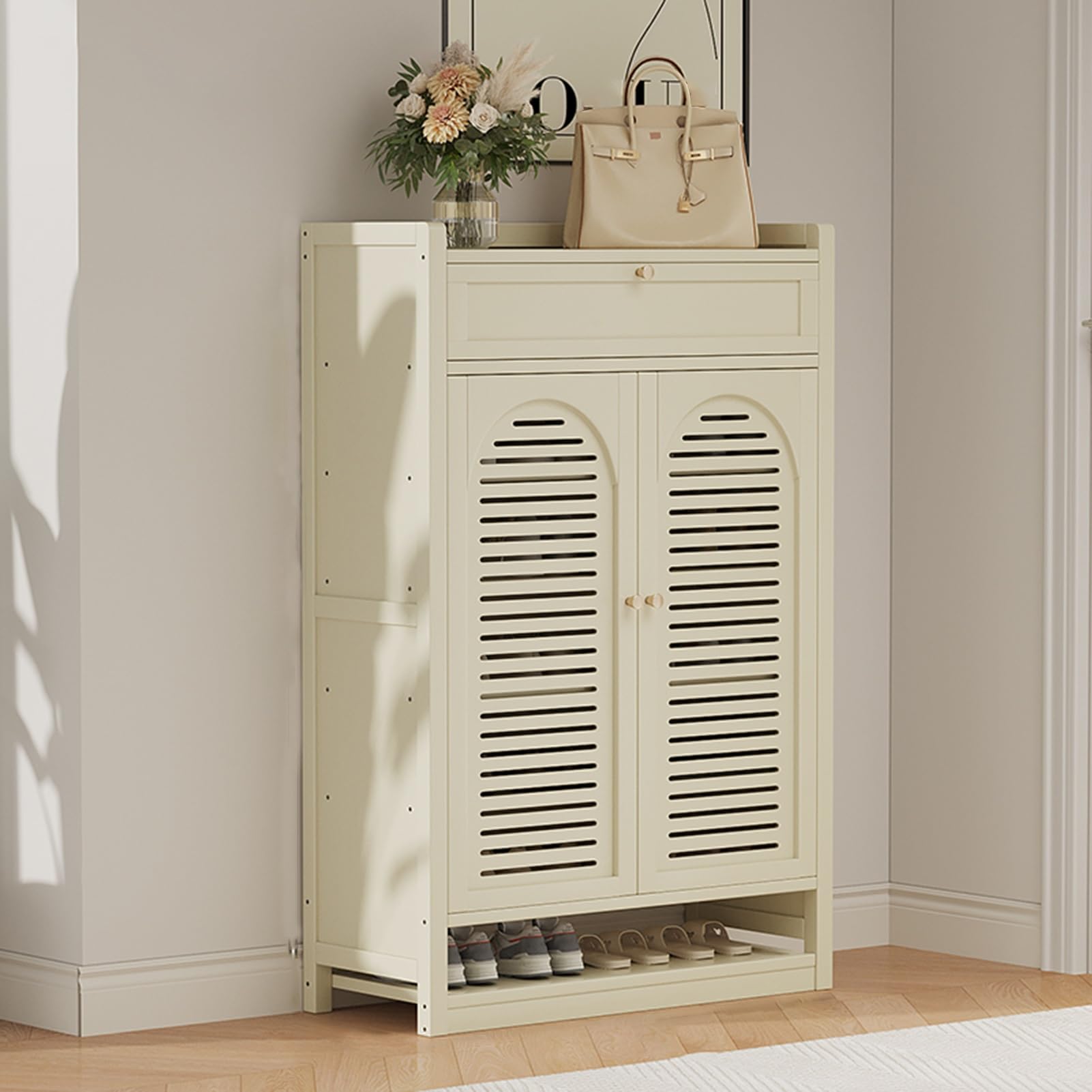 Zigtuei One Color Shoe Storage Cabinet, Farmhouse Shoe Organizer, Shoe Cabinet Storage For Entryway, Space Saving Shoe Organizer, For Closet Doorway Garage Living Room(110X59x32cm/43.3X23.2x12.6in)