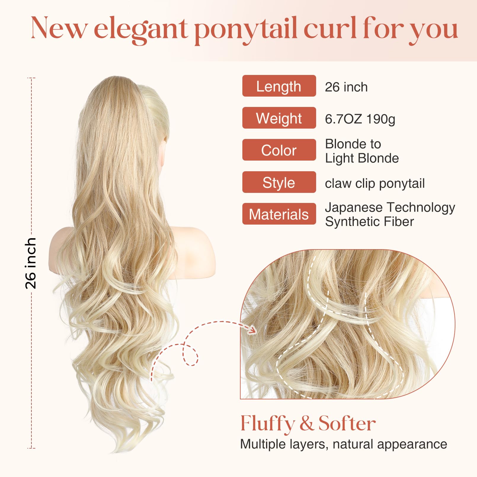 FLUFYMOOZ Ponytail Extension, 66cm Pferdeschwanzverlängerung lange, gewellte, lockige Klauen Clip in Pferdeschwanz Haarverlängerung, synthetisches Haarteil für Frauen-Blond bis Hellblond