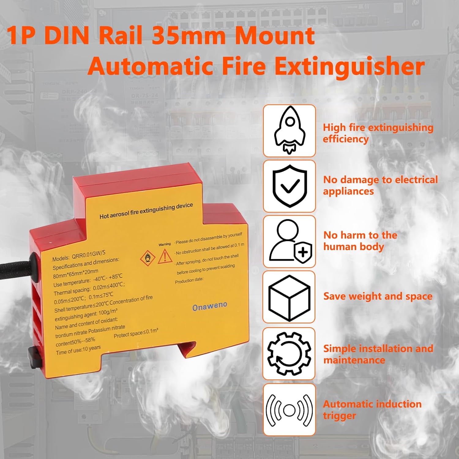 Small automatic fire extinguisher, DIN rail mounted fire extinguisher, 1-pole fire extinguishing device, suitable for circuit breaker box and distribution cabinet fire protection
