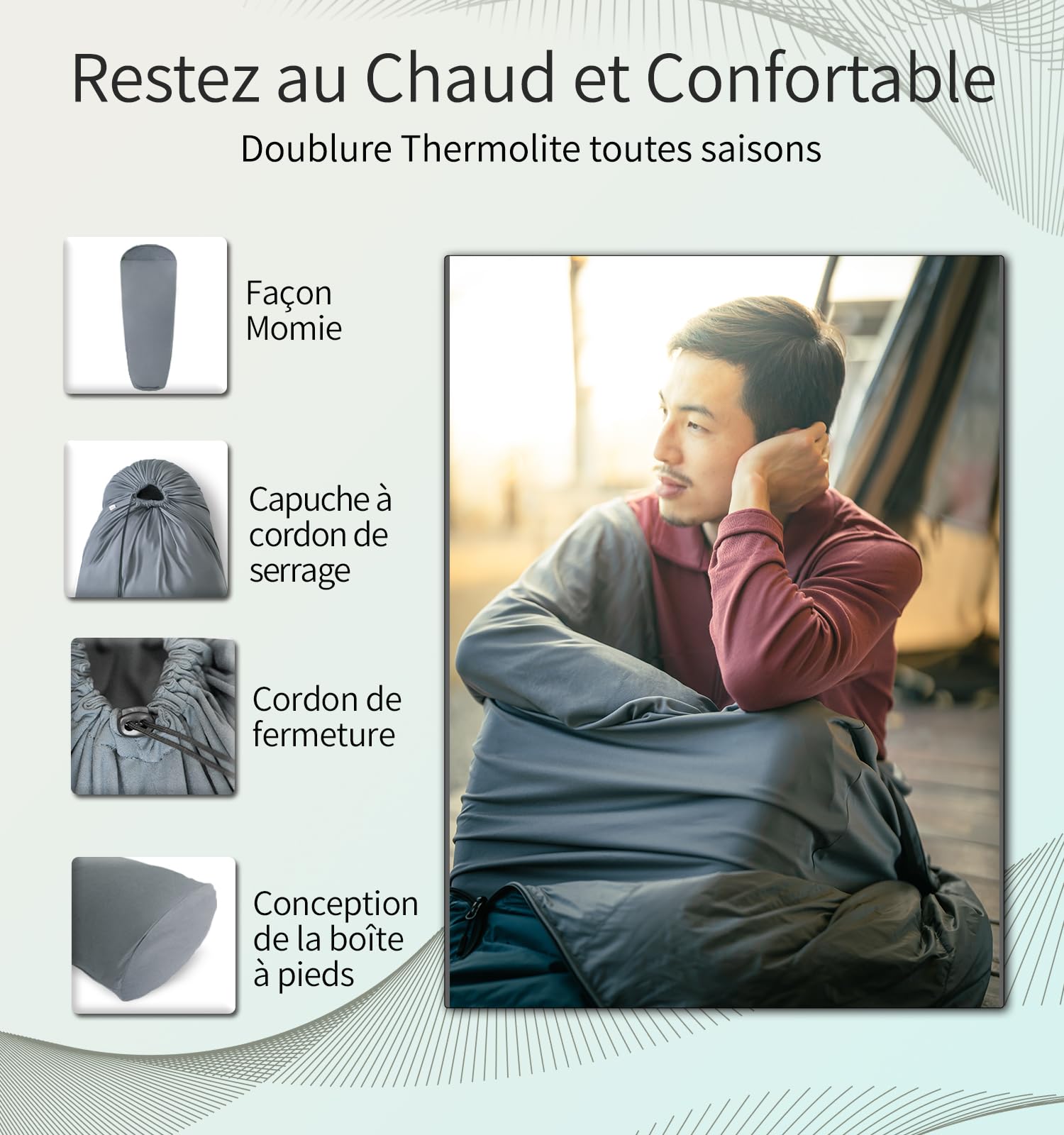 Litume Sac à Viande Momie en Velours/Thermolite avec Capuche à Cordon, pour Camping, Randonnée, Voyage, Hôtel, Léger, Compact, Doux, Chaud