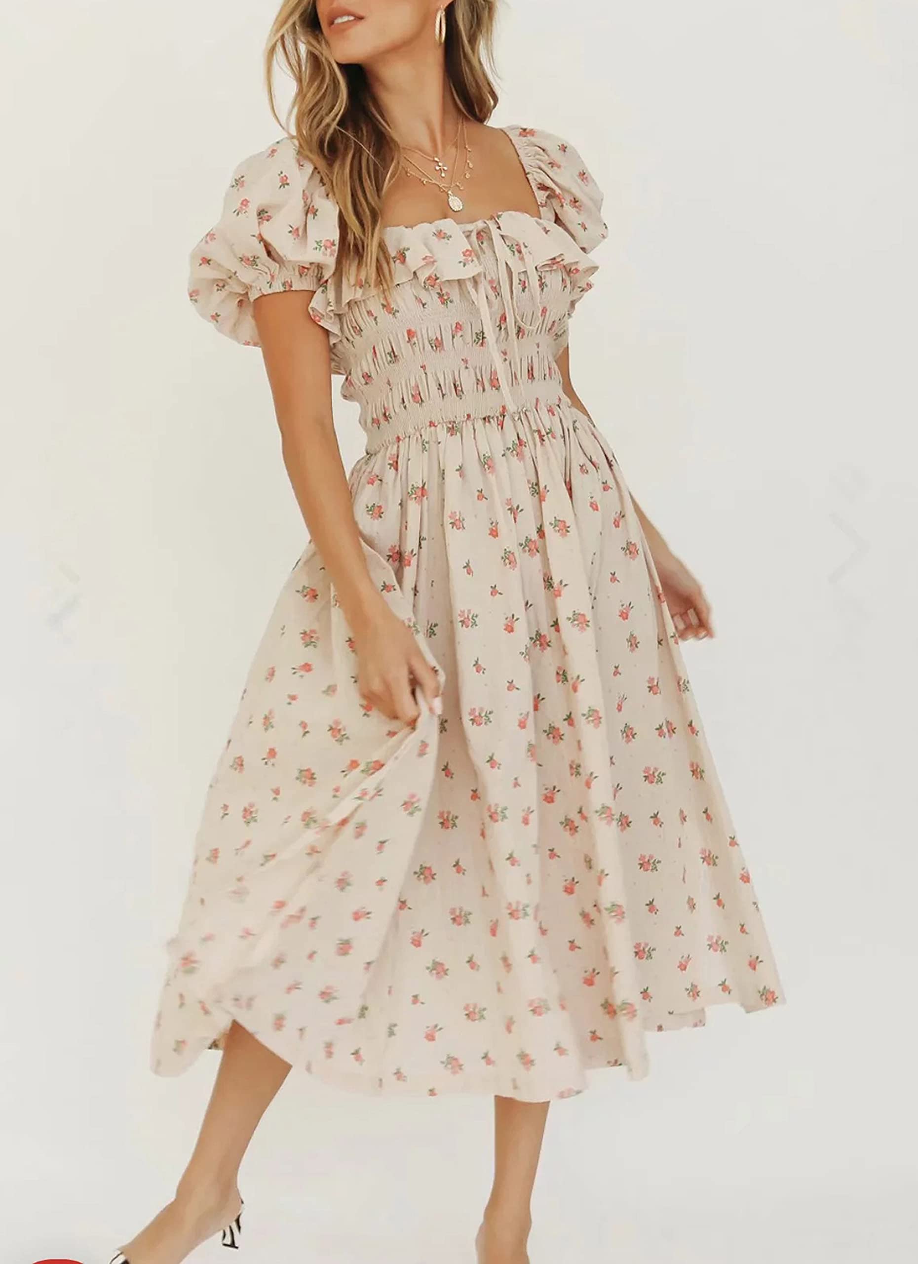 R.Vivimos Casual A Type Imprimé Carré Col Bubble Manches Robe Ourlet Taille Haute Midi Slim Robe De Vacances