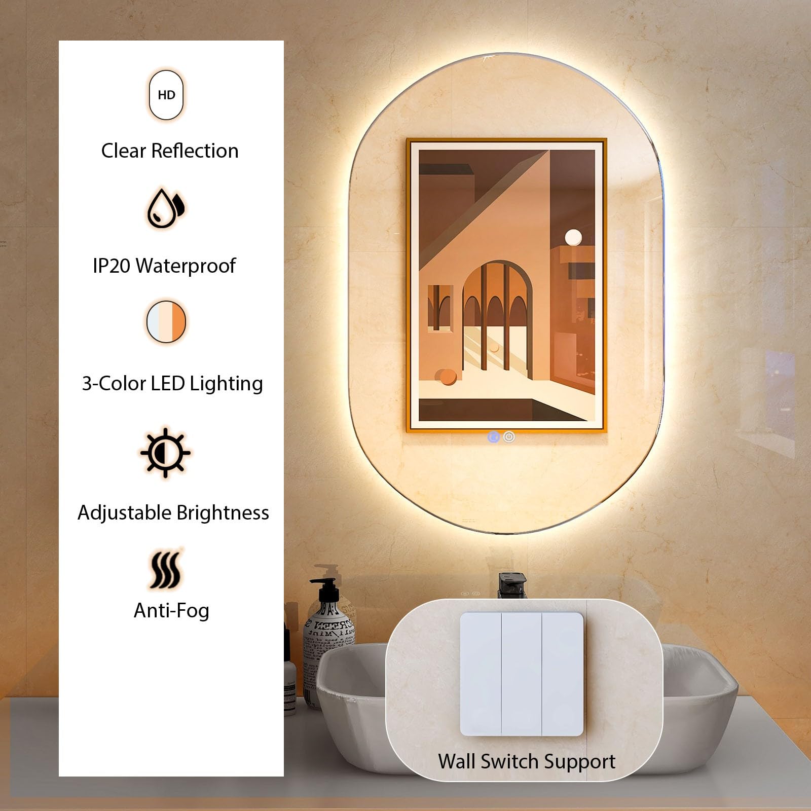 LIFEZEAL Specchio con Luci da Bagno, 80 x 50 cm, Specchio Led con Antiappannamento, 3 Colori di Luce, Dimmerabile, Interruttore Touch, Specchio da Parete (ovale)